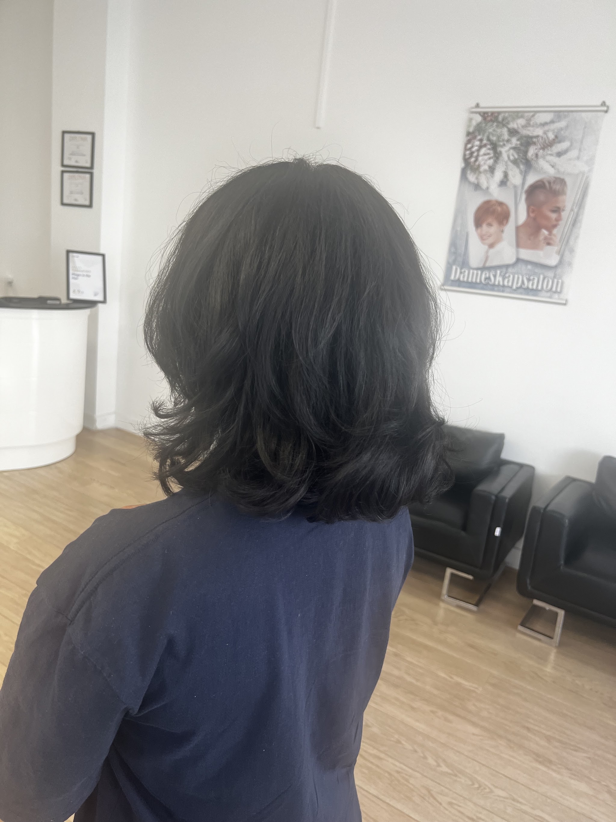 Donker haar in laagjes van achteren gezien, met de receptie en de poster Dameskapsalon op de achtergrond